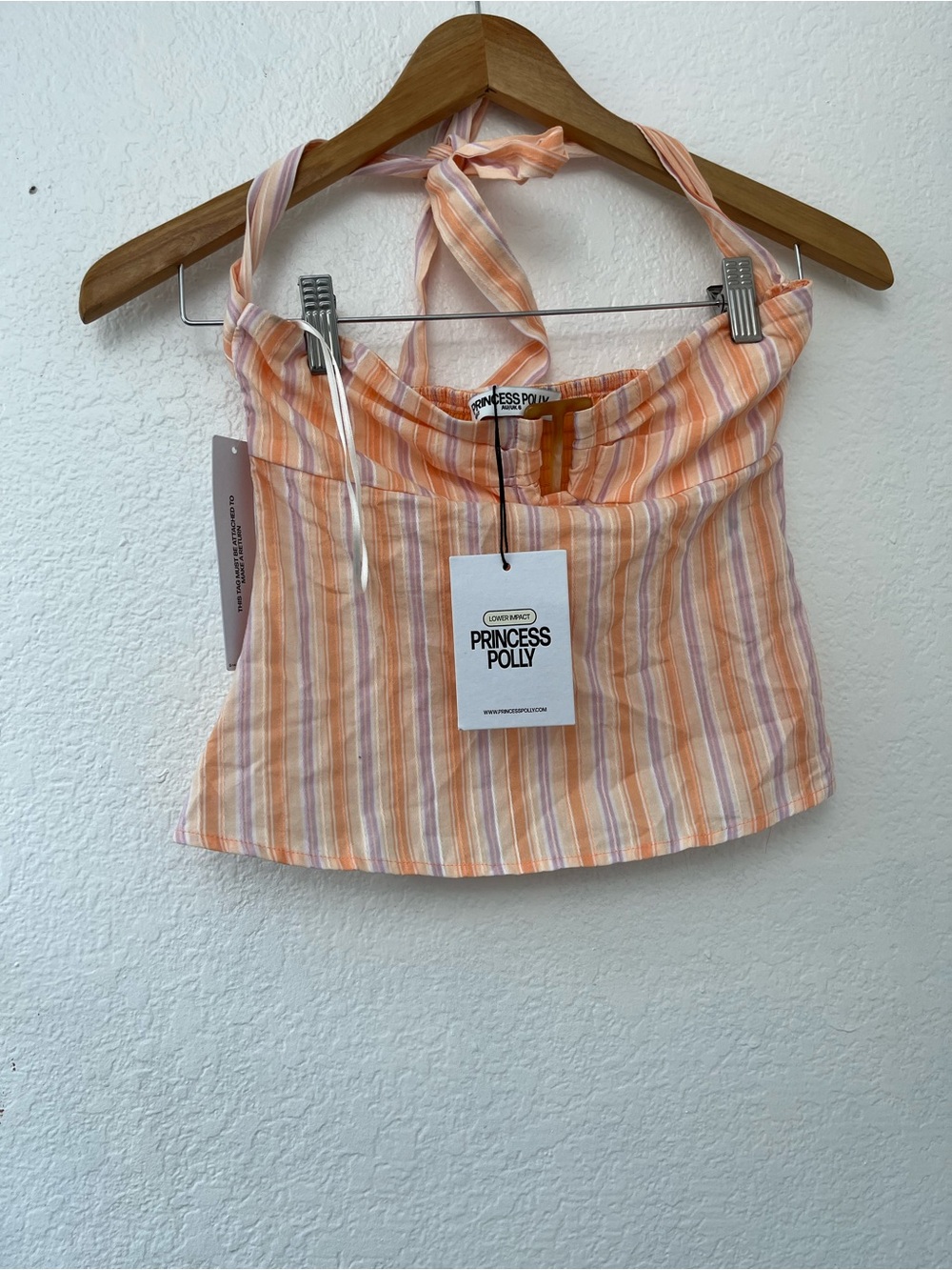 Princess Polly Peach & Cream Striped Halter Crop Top